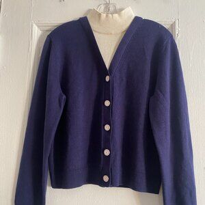 Noir Noir Navy Wool Cardigan with Built-in Cream Mock Neck. Reverse Button Back.